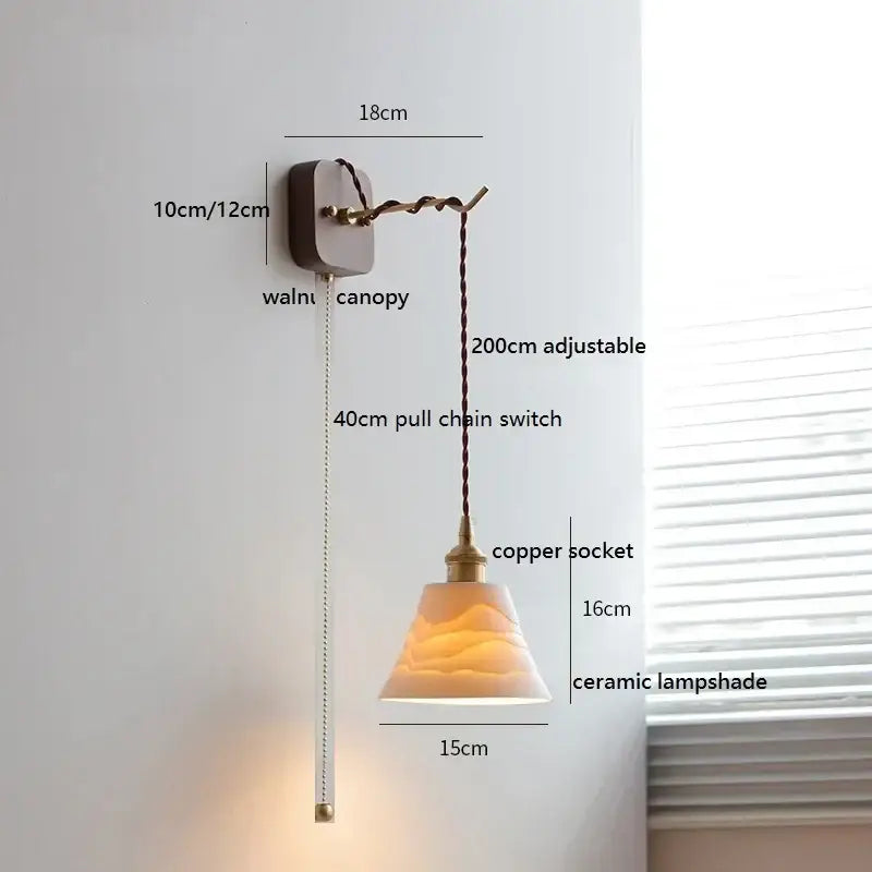 Amber glass ceramic ball led wall lights for bedroom with pull chain