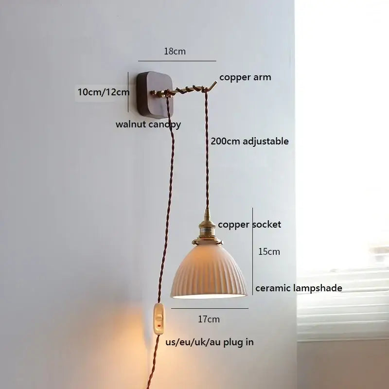 Amber glass ceramic ball led wall lights for bedroom with pull chain