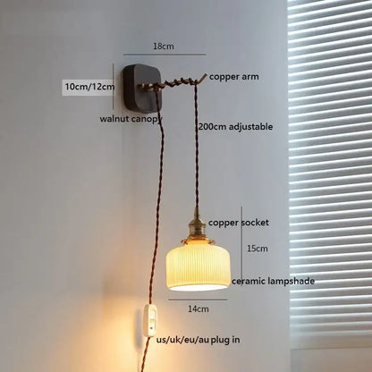 Amber glass ceramic ball led wall lights for bedroom with pull chain