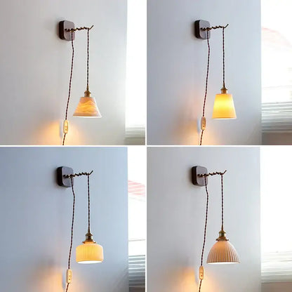 Amber glass ceramic ball led wall lights for bedroom with pull chain