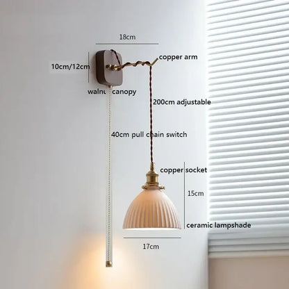 Amber glass ceramic ball led wall lights for bedroom with pull chain
