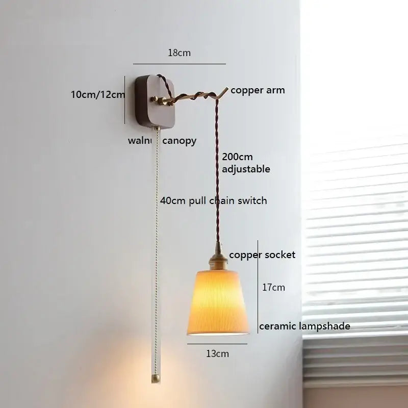 Amber glass ceramic ball led wall lights for bedroom with pull chain