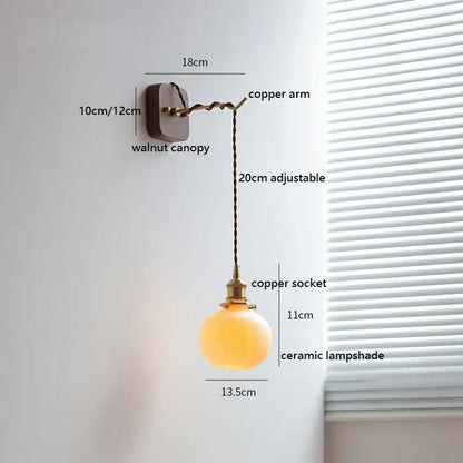 Amber glass ceramic ball led wall lights for bedroom with pull chain