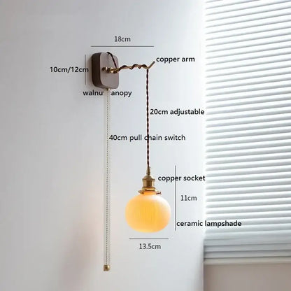 Amber glass ceramic ball led wall lights for bedroom with pull chain