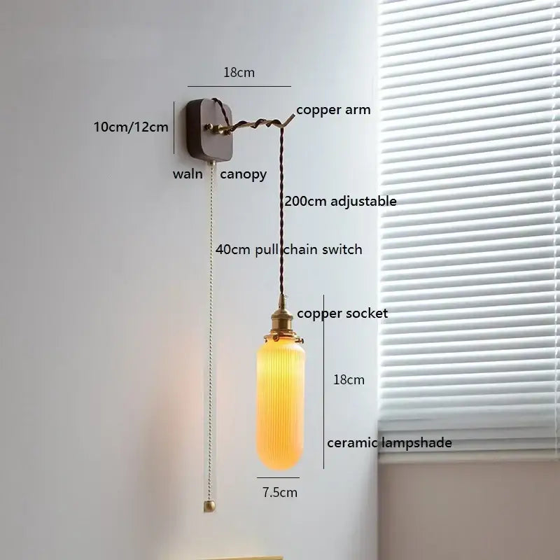 Amber glass ceramic ball led wall lights for bedroom with pull chain