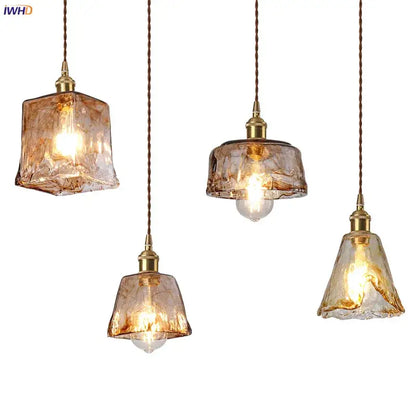 Amber glass copper pendant lights for dining room four piece set