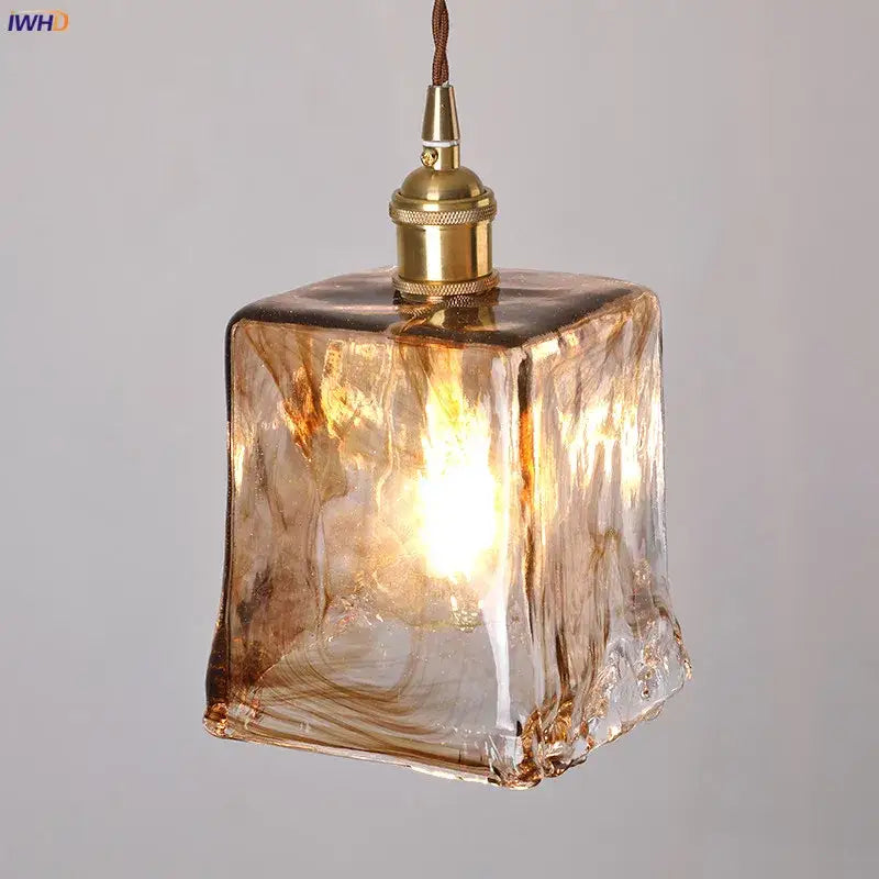 Amber glass copper pendant lights for dining room four piece set