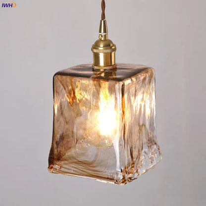 Amber glass copper pendant lights for dining room four piece set