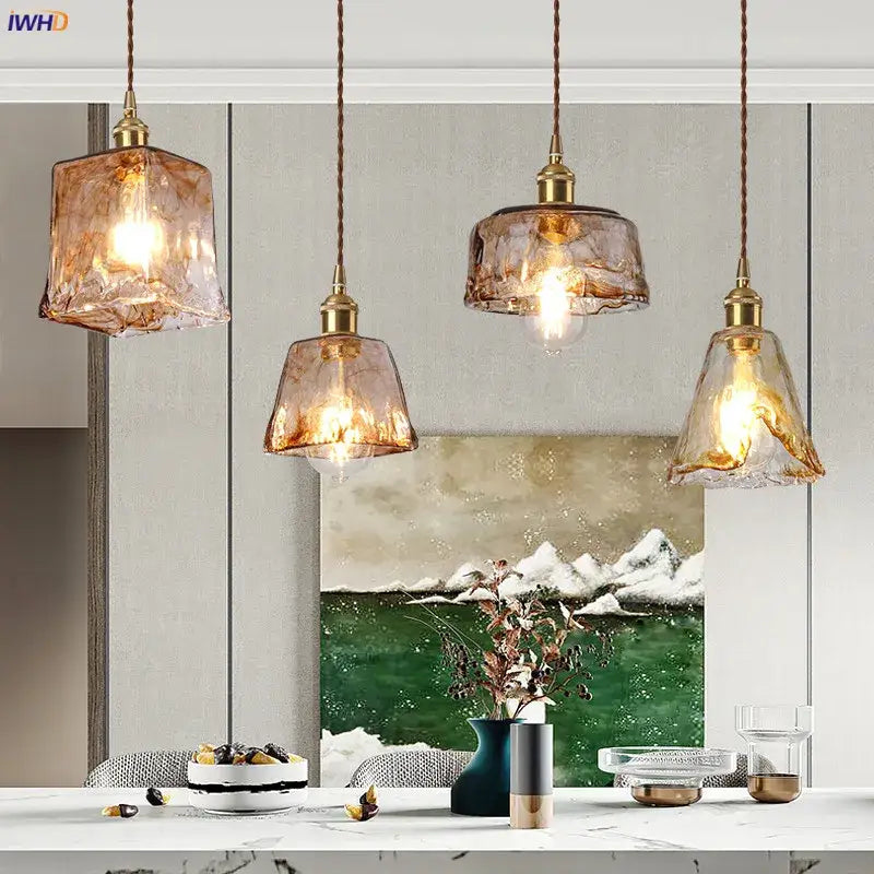 Amber glass copper pendant lights for dining room four piece set