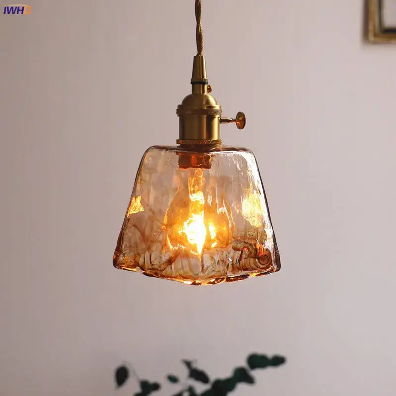 Amber glass copper pendant lights for dining room four piece set