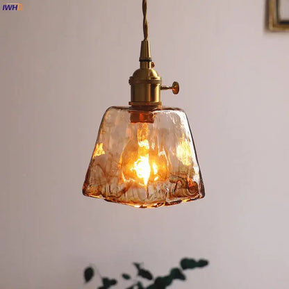 Amber glass copper pendant lights for dining room four piece set