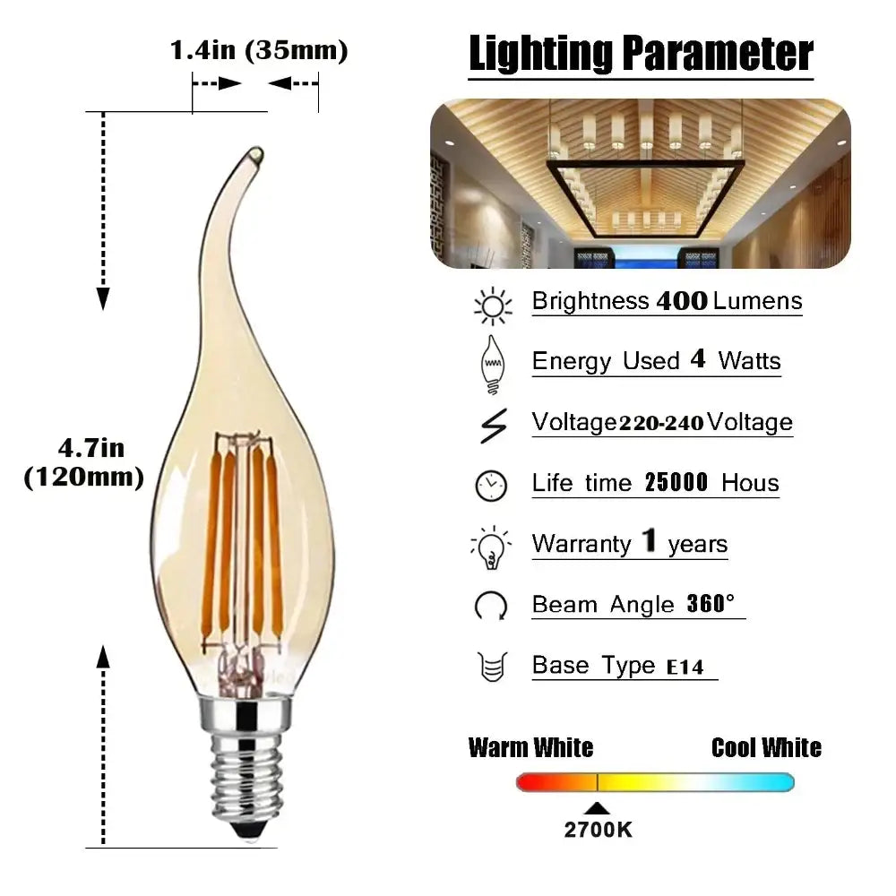 Amber glass dimmable led filament bulb 10 pack – dining room candle light