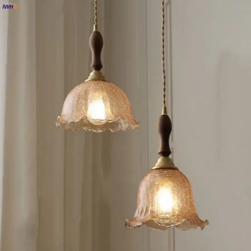 Amber glass led pendant lamp walnut & copper kitchen light