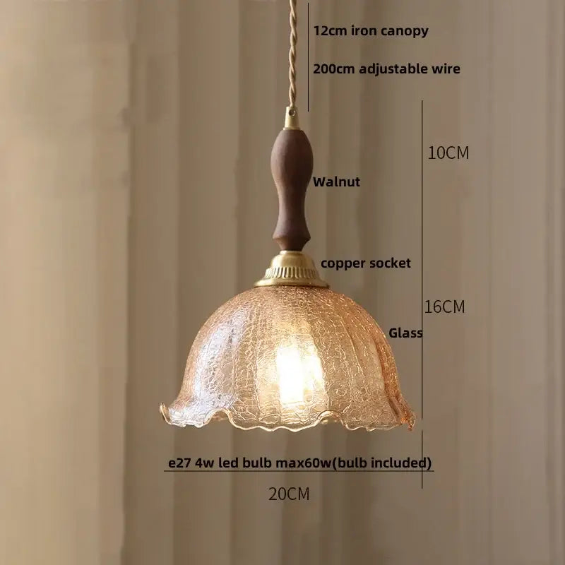 Amber glass led pendant lamp walnut & copper kitchen light