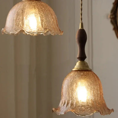 Amber glass led pendant lamp walnut & copper kitchen light