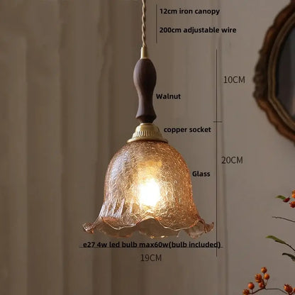 Amber glass led pendant lamp walnut & copper kitchen light