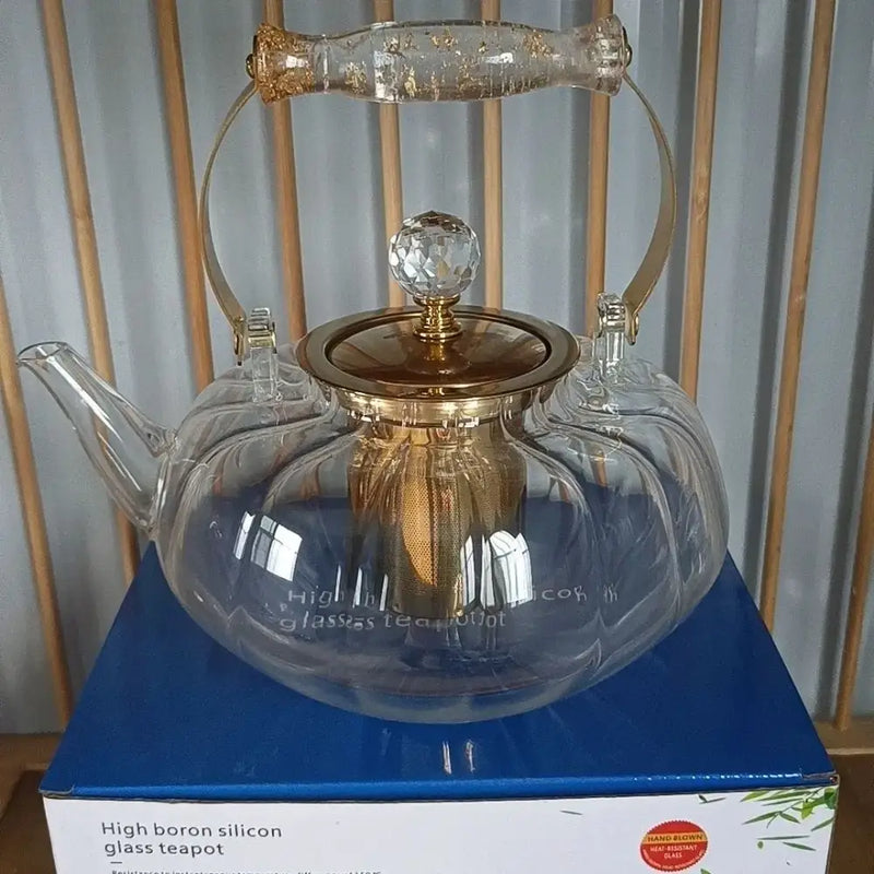 Amber glass teapot with gold infuser – kitchen tea maker