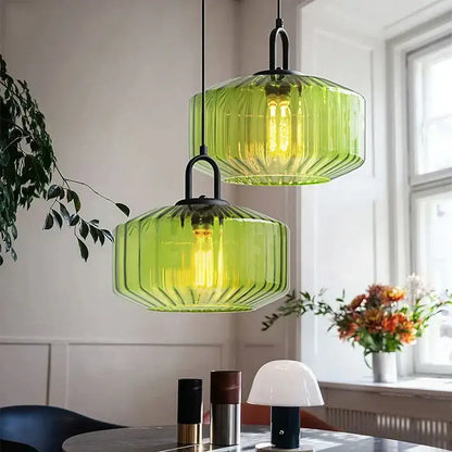 Amber & green ribbed glass led pendant chandelier kitchen light fixture