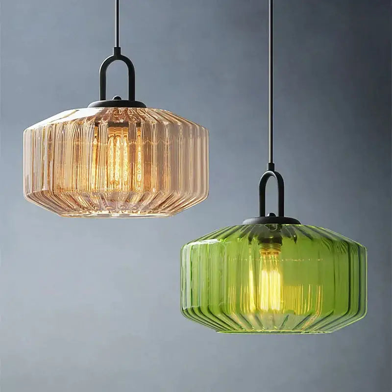 Amber & green ribbed glass led pendant chandelier kitchen light fixture