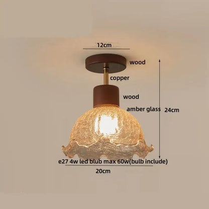 Amber ice crack glass wood ceiling light bedroom fixture