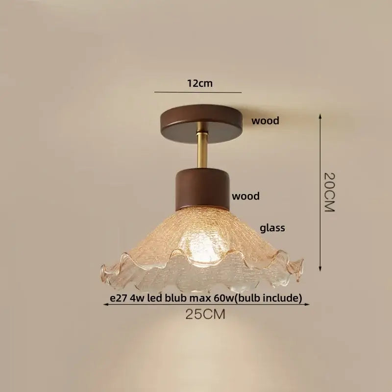 Amber ice crack glass wood ceiling light bedroom fixture
