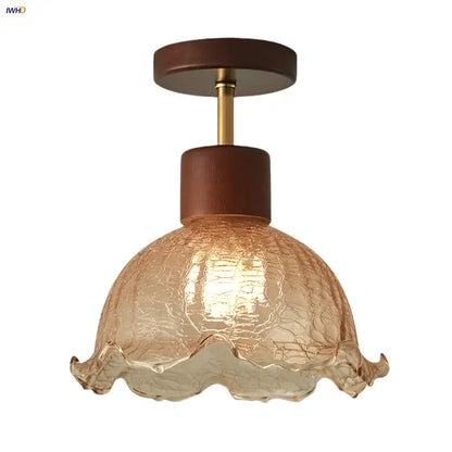 Amber ice crack glass wood ceiling light bedroom fixture