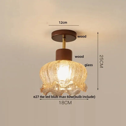 Amber ice crack glass wood ceiling light bedroom fixture