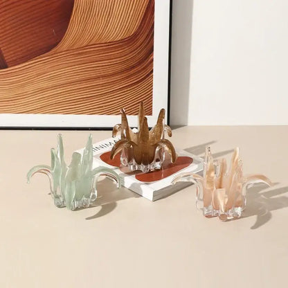 Amber & pale green glass petal candle holder living room decor