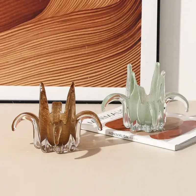 Amber & pale green glass petal candle holder living room decor