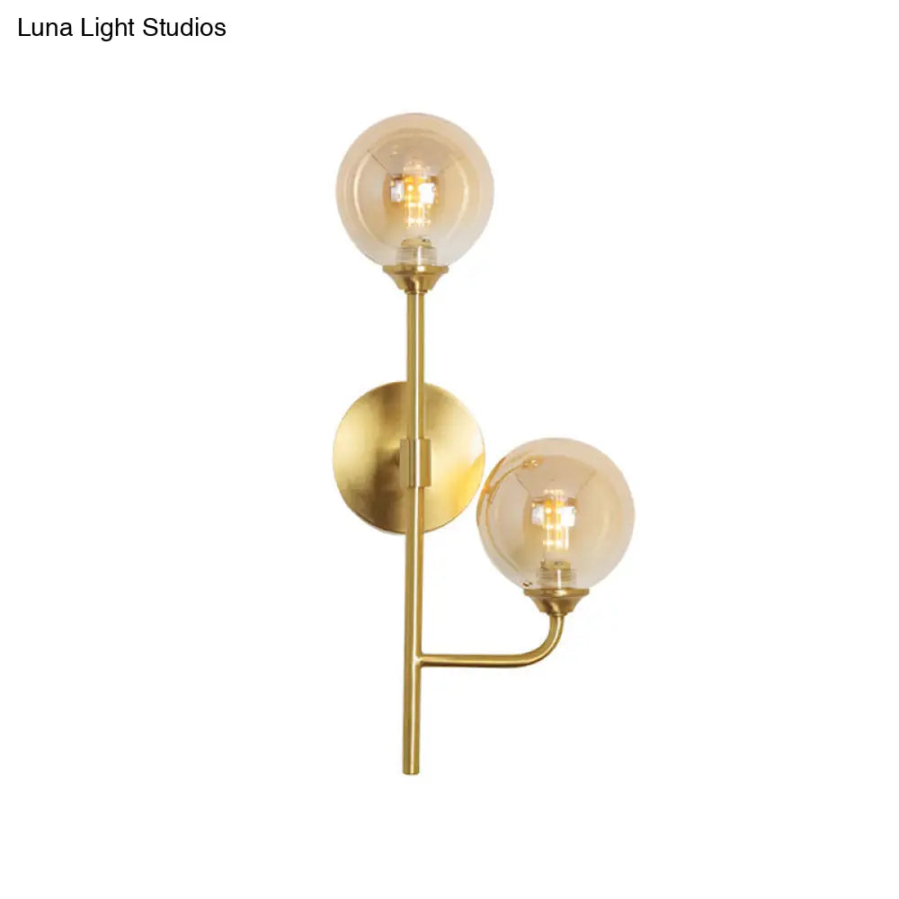 DecorBites™ Amber/Smoke Gray Glass 2-Head LED Wall Sconce - Sphere Bathroom Wall Mount Light with Brass Finish