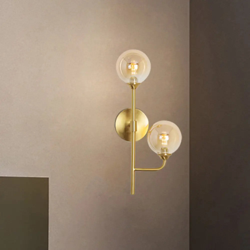 DecorBites™ Amber/Smoke Gray Glass 2-Head LED Wall Sconce - Sphere Bathroom Wall Mount Light with Brass Finish