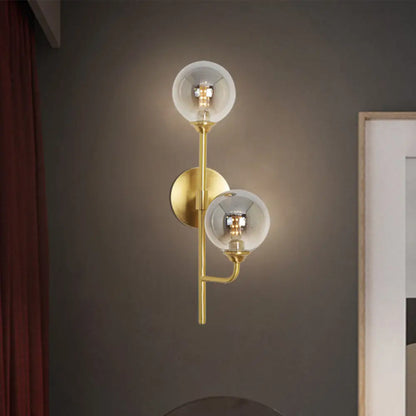 DecorBites™ Amber/Smoke Gray Glass 2-Head LED Wall Sconce - Sphere Bathroom Wall Mount Light with Brass Finish