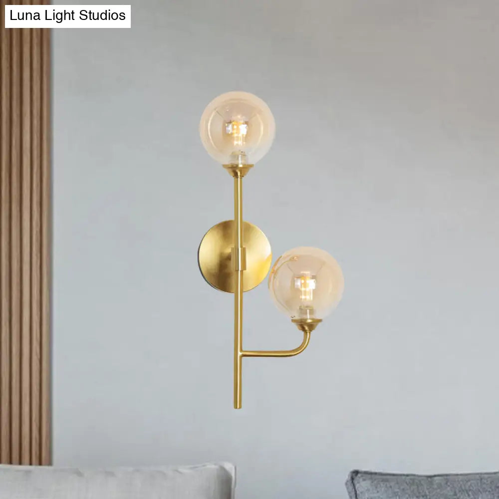 DecorBites™ Amber/Smoke Gray Glass 2-Head LED Wall Sconce - Sphere Bathroom Wall Mount Light with Brass Finish