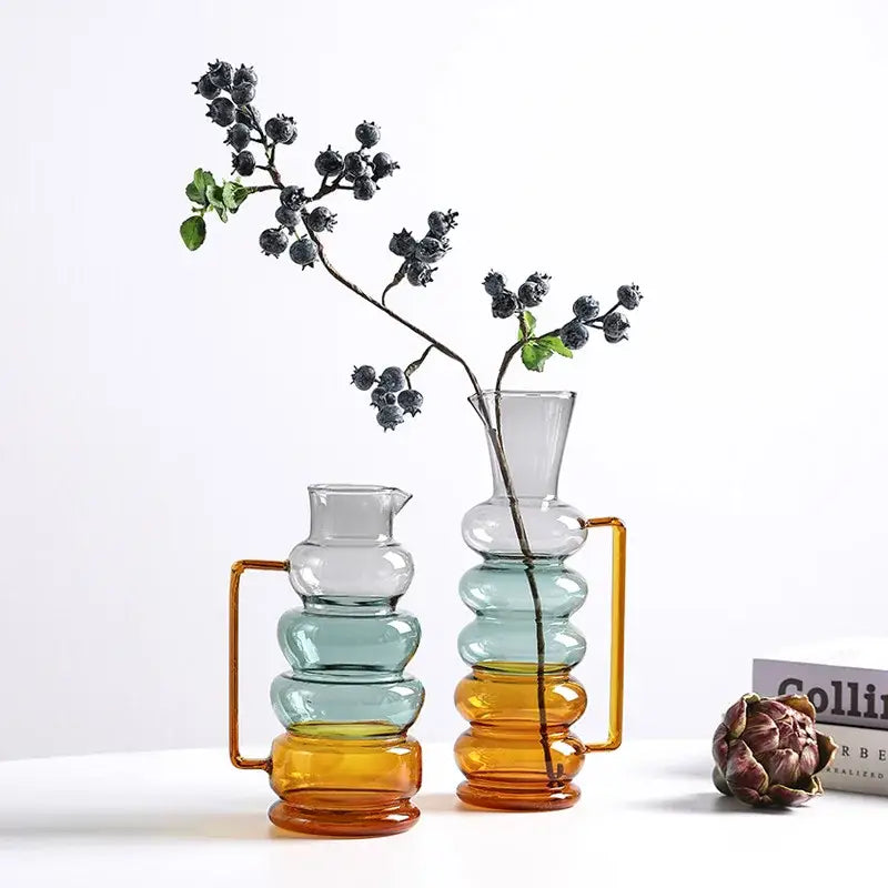 Amber & teal glass bubble ring vase living room flower decor