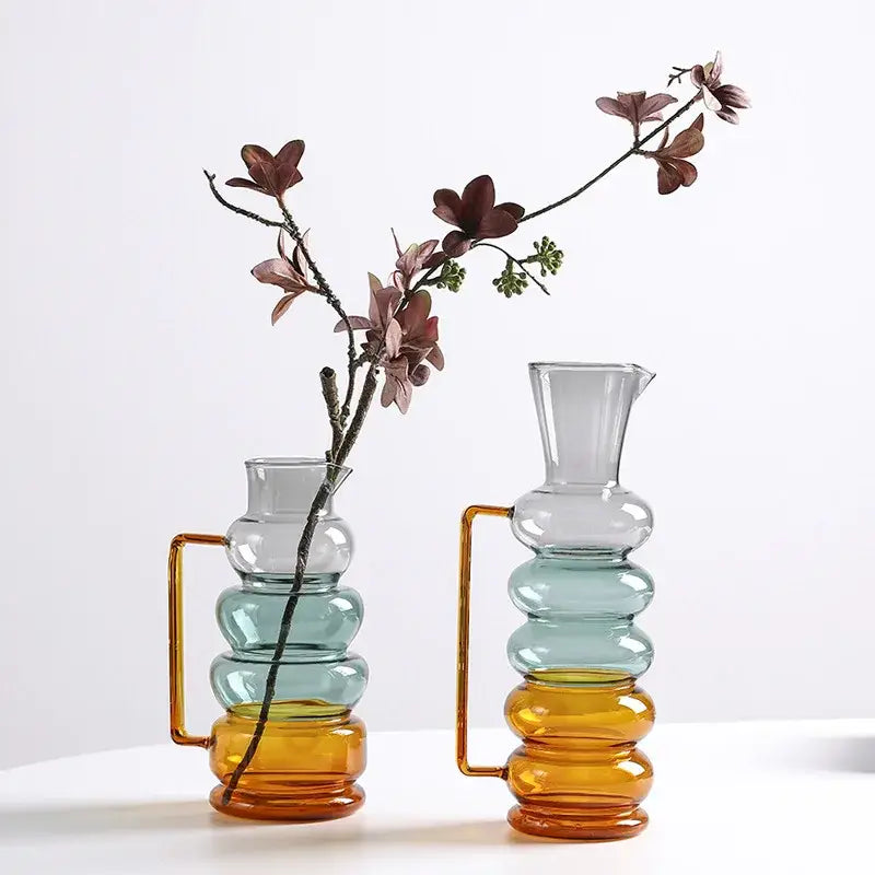 Amber & teal glass bubble ring vase living room flower decor