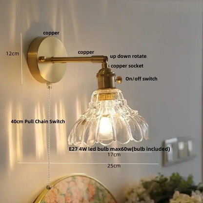 Amber textured clear glass wall sconce bedroom pull chain light