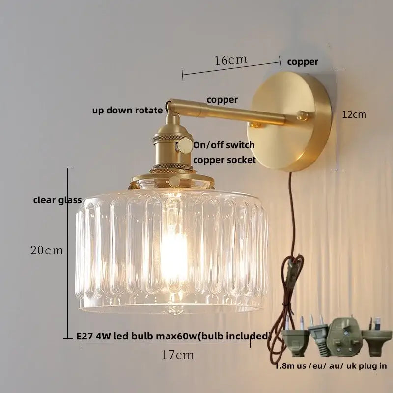Amber textured clear glass wall sconce bedroom pull chain light