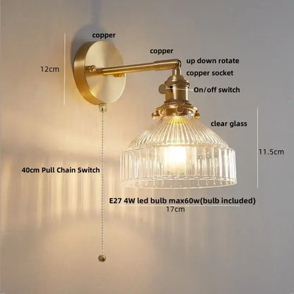 Amber textured clear glass wall sconce bedroom pull chain light