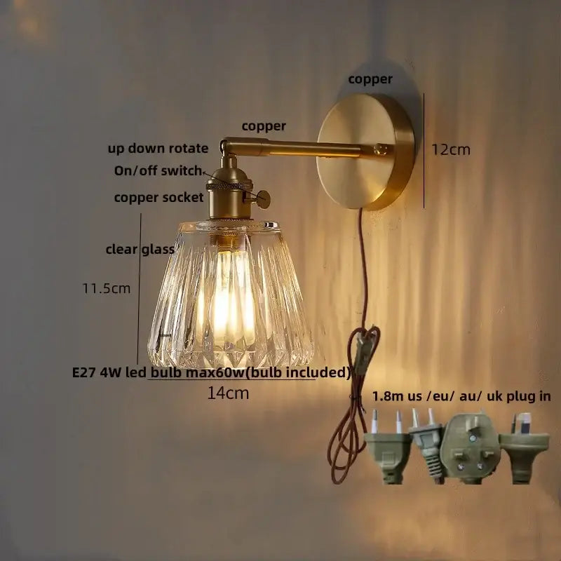 Amber textured clear glass wall sconce bedroom pull chain light