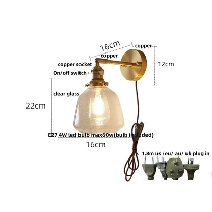 Amber textured clear glass wall sconce bedroom pull chain light