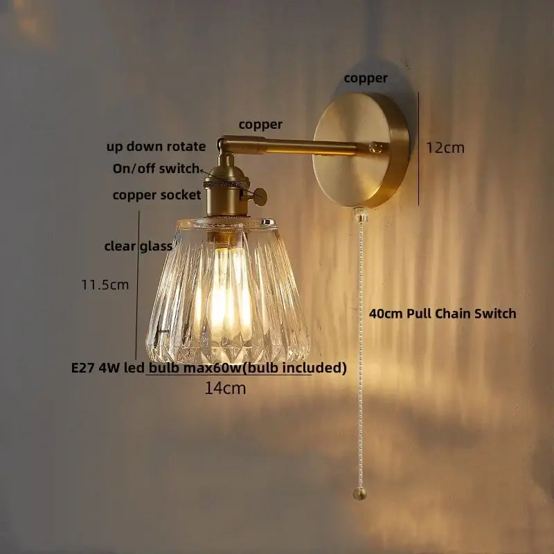 Amber textured clear glass wall sconce bedroom pull chain light
