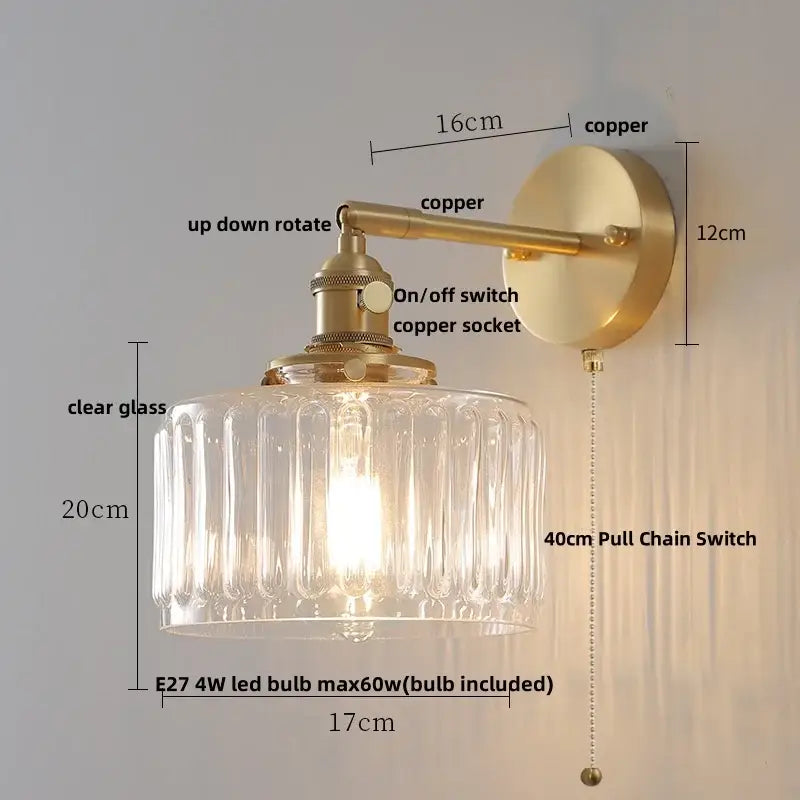 Amber textured clear glass wall sconce bedroom pull chain light