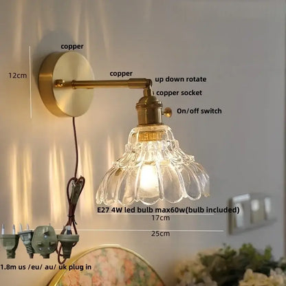 Amber textured clear glass wall sconce bedroom pull chain light