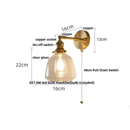 Amber textured clear glass wall sconce bedroom pull chain light
