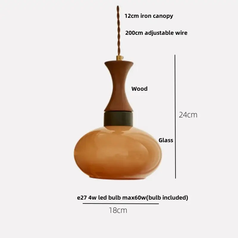 Amber wood glass pendant light for kitchen with twisted copper cord