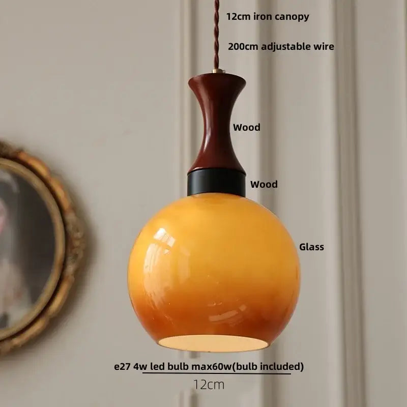 Amber wood glass pendant light for kitchen with twisted copper cord