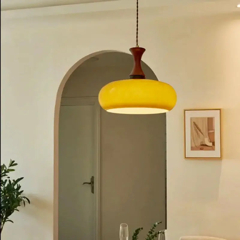 Amber wood glass pendant light for kitchen with twisted copper cord