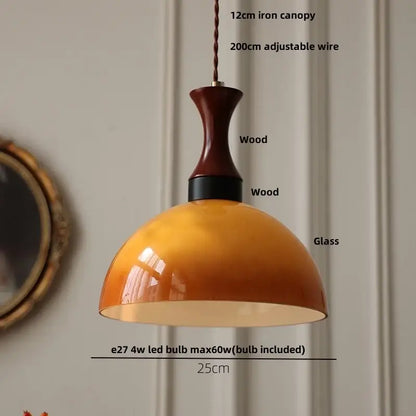 Amber wood glass pendant light for kitchen with twisted copper cord