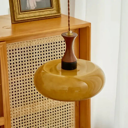 Amber wood glass pendant light for kitchen with twisted copper cord