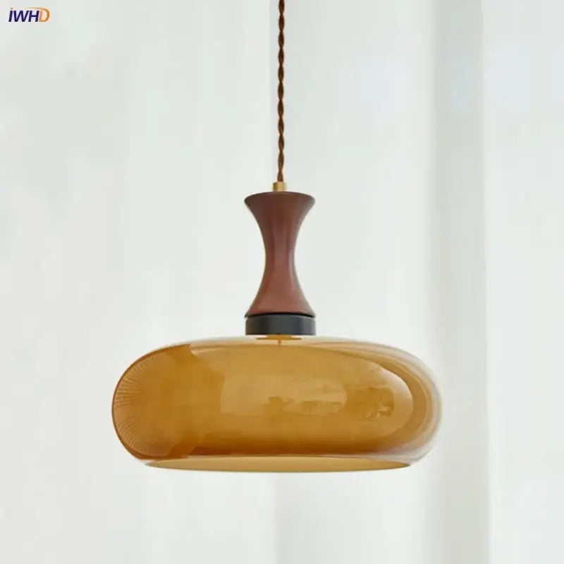 Amber wood glass pendant light for kitchen with twisted copper cord